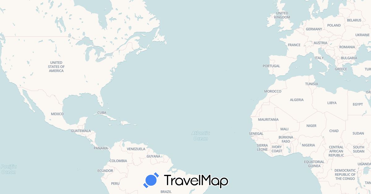 TravelMap itinerary: driving, bus, plane, hiking, boat in Cape Verde, Curaçao, Spain, France, French Guiana, Gibraltar, Guadeloupe, Saint Lucia, Martinique, Portugal, Suriname, United States (Africa, Europe, North America, South America)